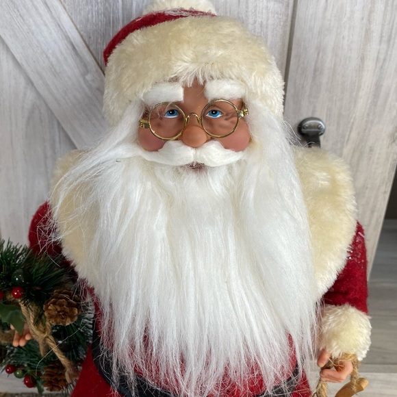 Vintage 18” Standing Santa Holding Wreath Sled Felt Coat Tree Topper Statue - Picture 7 of 12